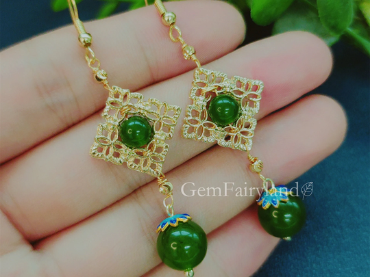 Green Jade Beads Dangle Earrings For Women