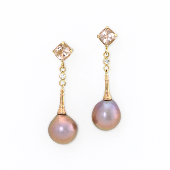 Pearls, Lustrous Baroque Bronze-Mauve Hued With Champagne Morganites & Diamonds Art Deco Inspired Earrings Set in 14K Solid Gold
