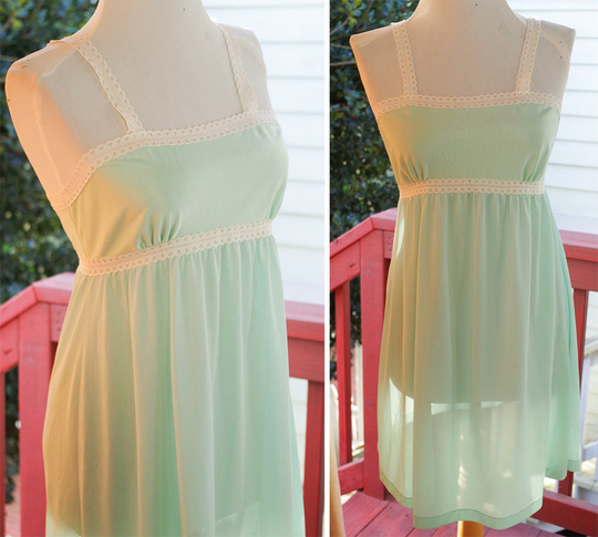 Seafoam 1960's 70's Vintage Light Pastel Teal Blue Nightie Slip Dress with Cream Lace Edges // Size Medium