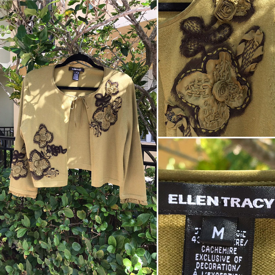 Ellen Tracy Moss Green Cashmere Blend Cardigan With Silk Appliqué, Ladies Size Medium