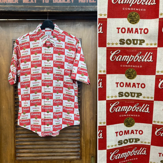 Vintage 1960's Campbell's Soup Warhol Pop Art Mod All Over Print Short Sleeve Shirt, 60's Fitted Clothing