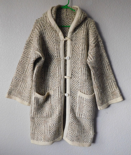 Vintage Women's M/L Wool Blend Hoodie Thick Coat/Checker Patchwork Sweater Coat/Beige Brown Light Worm Kimono Sleeve Coat