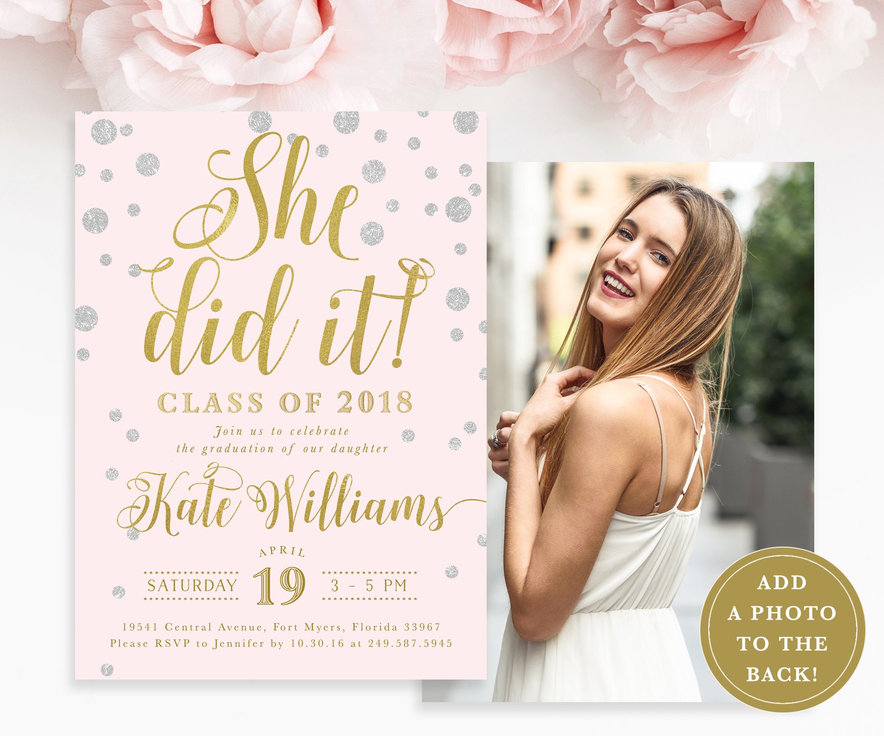 Girl Graduation Party Invitation, College Invite, High School Graduation, Announcement, Glam, Gold, Blush - Kate
