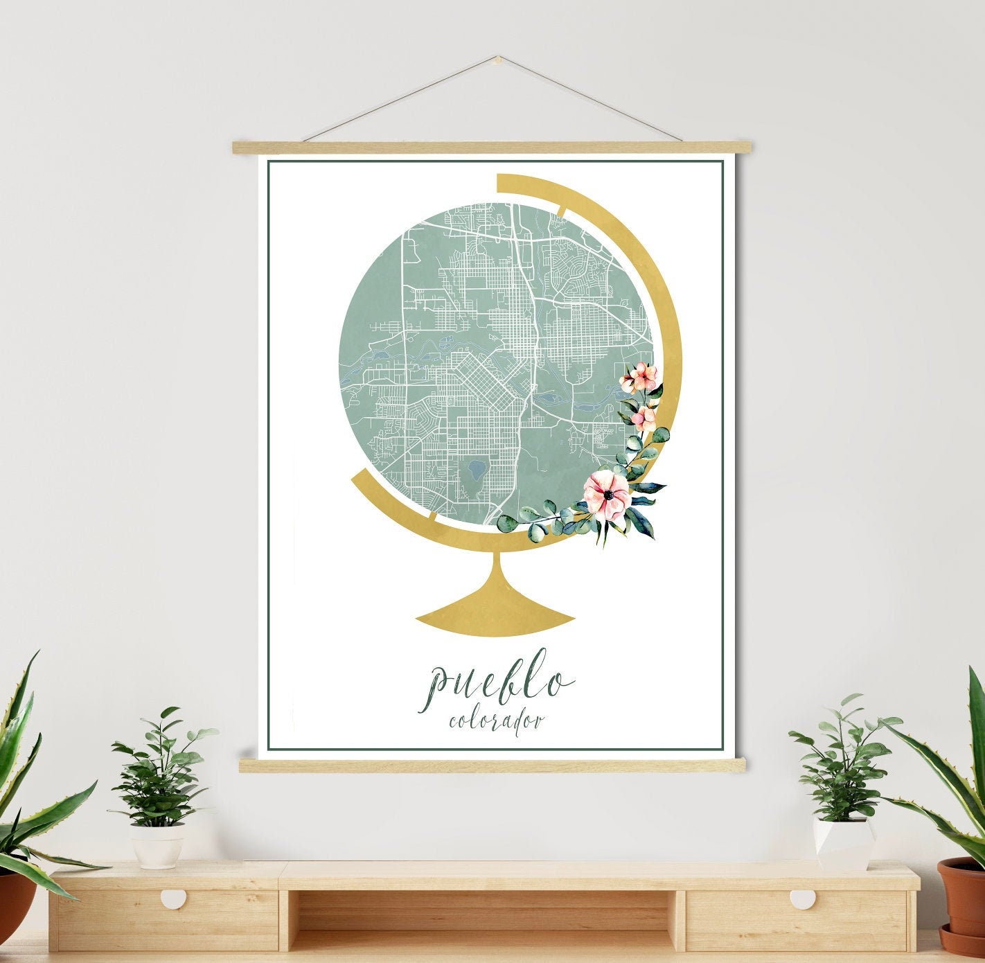 Pueblo Colorado Globe Street Map | Hanging Canvas Of Printed Marketplace