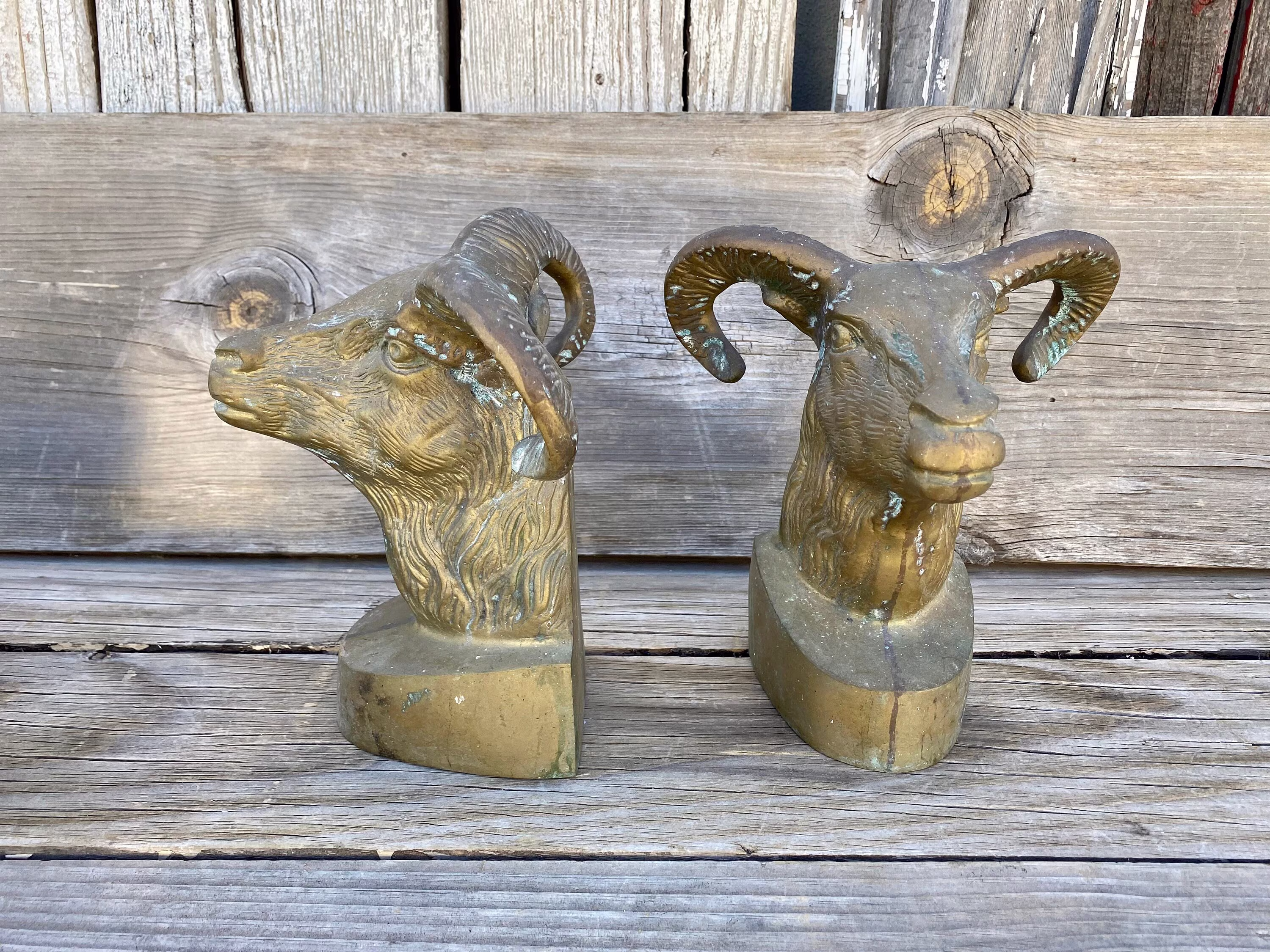 1950S Set Of 2 Mid Century Patina Brass Rams Head Bookends 8.5" Tall