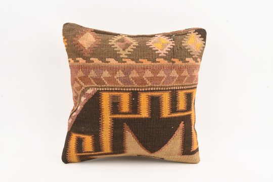 Colorful Kilim Pillo, 16x16 Handwoven Turkish Pillow, Multicolored Aztec Bohemian Lumbar, Outdoor Beeding