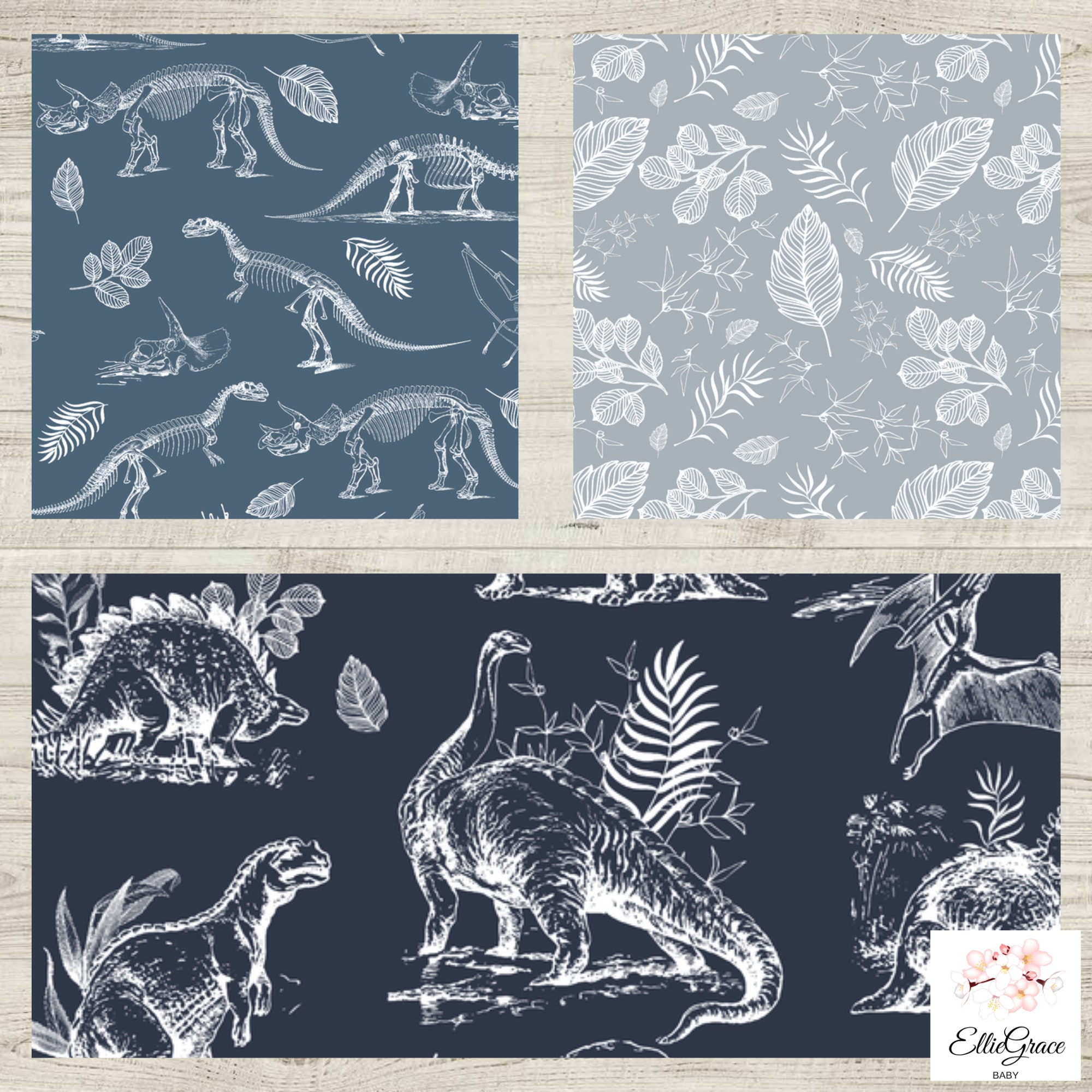 Dinosaur Baby Bedding in Blues Crib Sheet Minky Blanket Patchwork Quilt Changing Pad Cover Rail Curtain Panel Toddler Set Navy