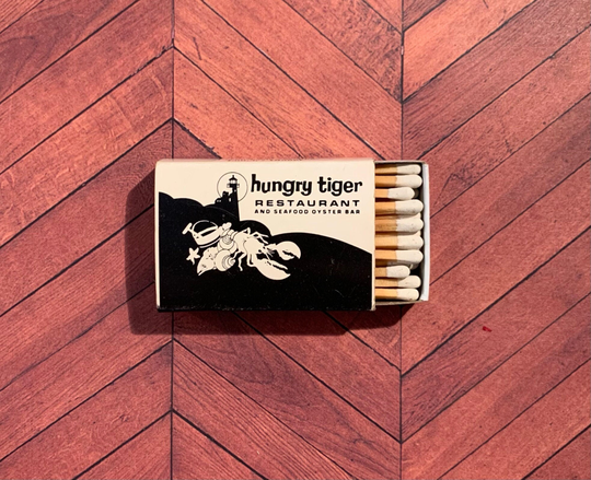 Vintage Matchbook, Hungry Tiger, Seafood, Restaurant, California, Matchbox, with Wooden Match Sticks, Free Ship in Usa
