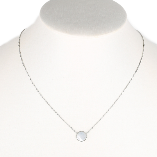Silver, Rose Or Gold Tone Necklace With Arctic White Faux Mother-Of-Pearl Circular Pendant, Timeless Gift For Women, Ladies, Teens & Girls