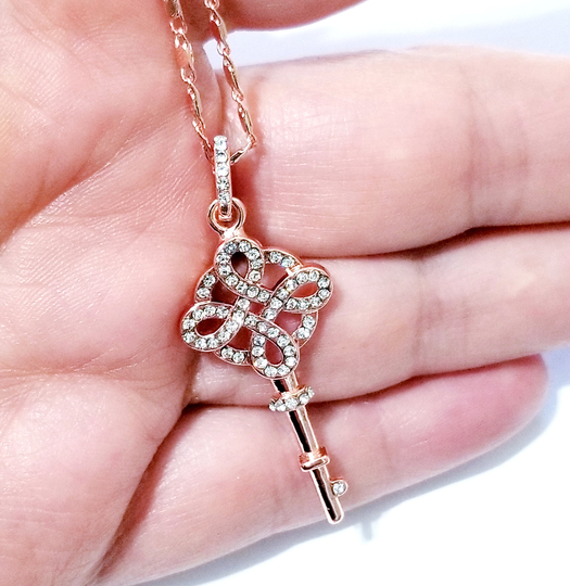 Rose Gold Plated Necklace, Crystal Key Pendant, Gift For Her