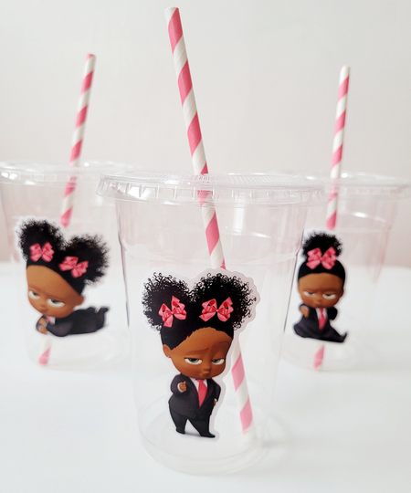 12 Disposable African American Girl Baby Boss Cups With Lids & Straws-Girl Boss-African Boss-Baby Decorations