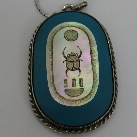 Estate Egyptian Revival 70's Pendant Sterling Shell Inlay Scarab Necklace