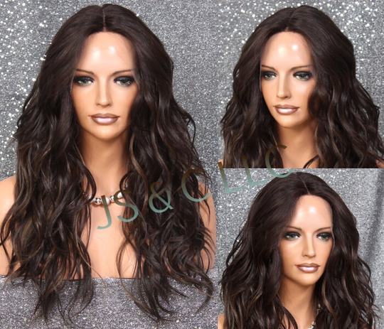 Human Hair Blend Wig Natural Relaxed Beachy Wavy Dk Brown Mixed Hand Tied Mono Center Part Heat Ok Cancer/Alopecia/Cosplay