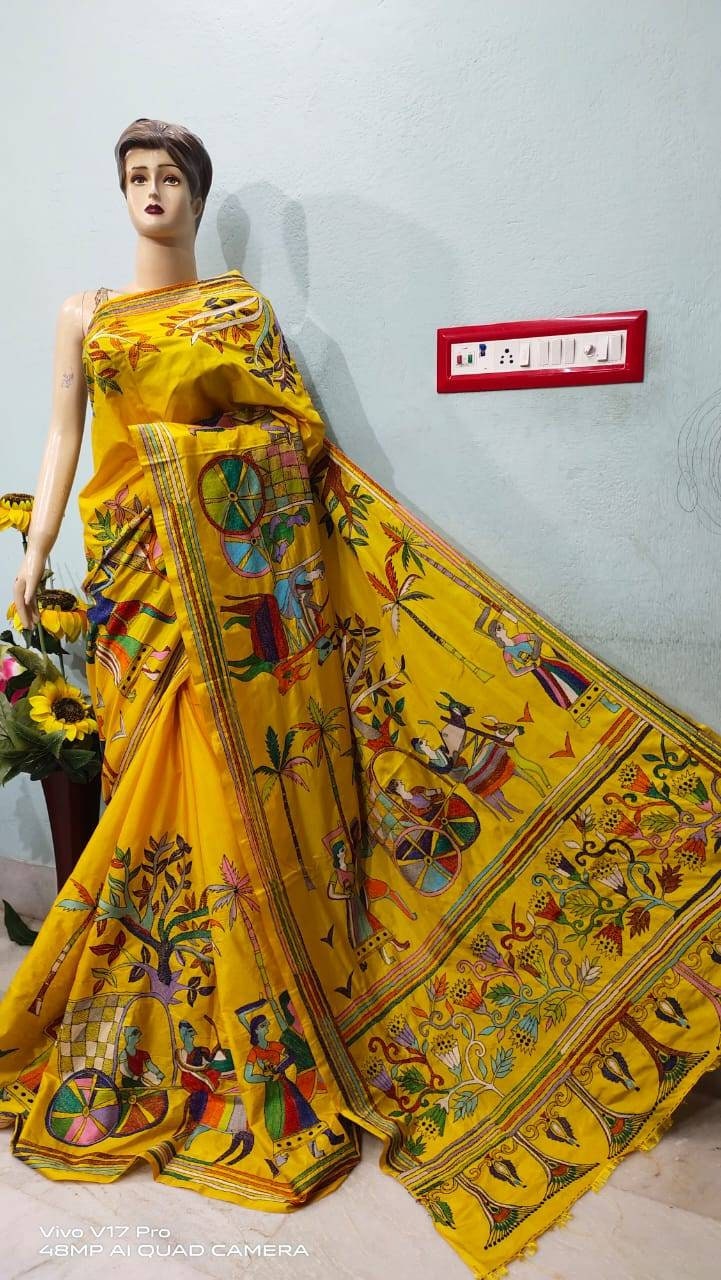 Hand Kantha Stich Saree Over Blended Bangalore Silk & Running Blouse Piece For Party Wear