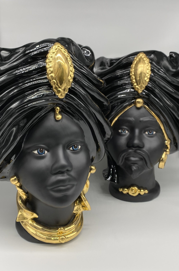 Sicilian Heads Dark Brown Athena Ceramic Caltagirone cm H.40 L.28 Handmade Black Gold Craquelé