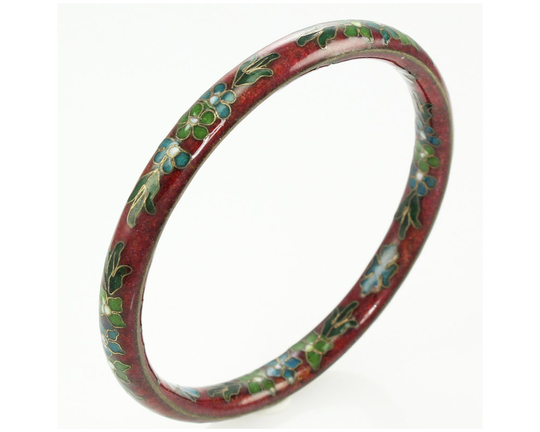 Vintage Cloisonne Bracelet, Dark Red Floral Bangle, Chinese Enamel Jewelry, Estate Jewelry