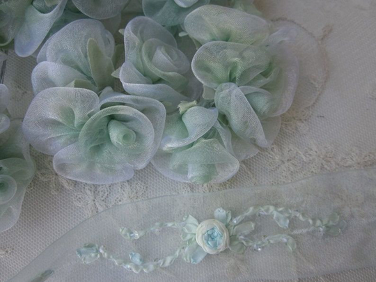 18 Pc Celadon Blue Green Organza Ribbon Wired Rose Rosette Flower Bridal Hair Bow Accessory