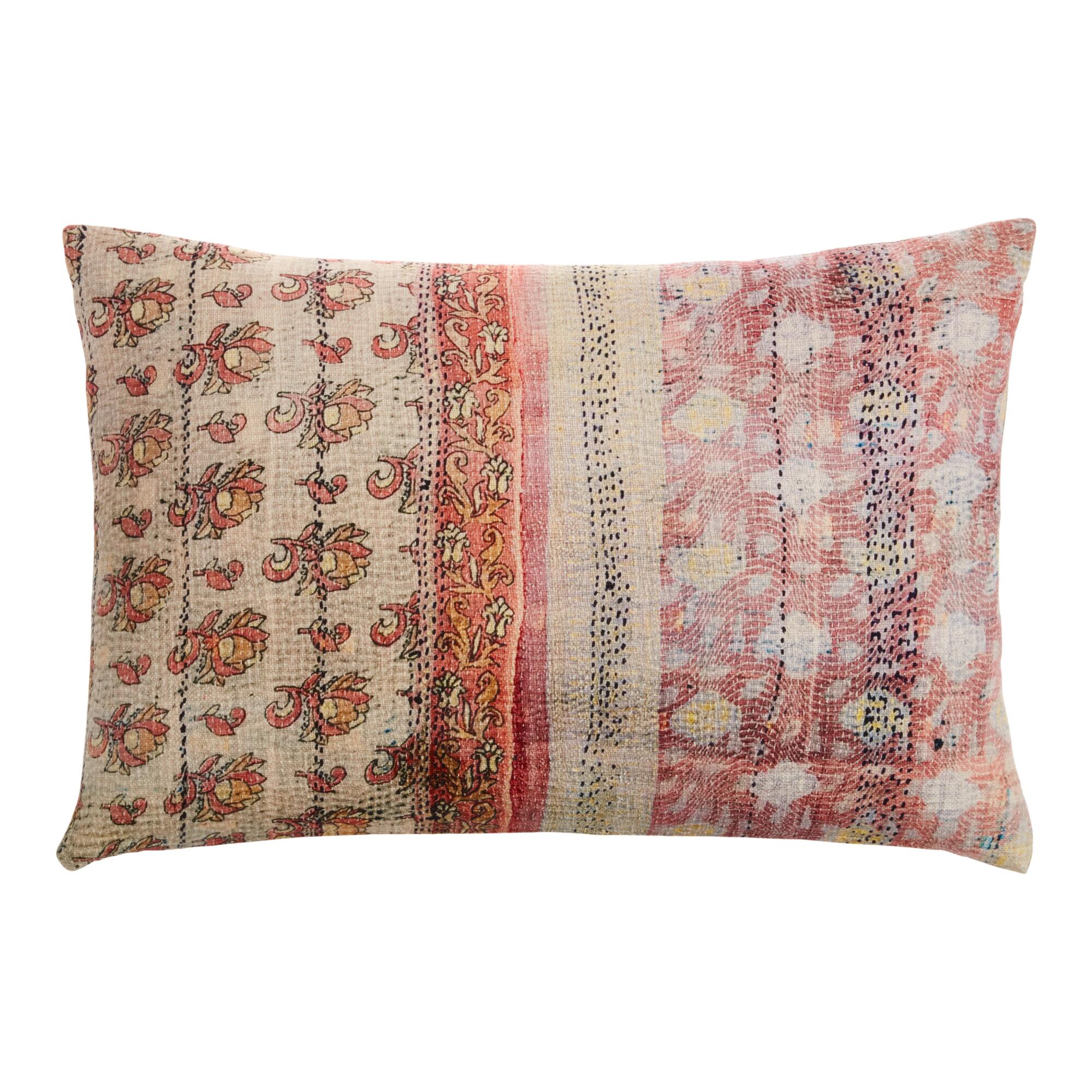 Oversized Ivory And Blush Kantha Print Lumbar Pillow: Pink - Polyester by World Market