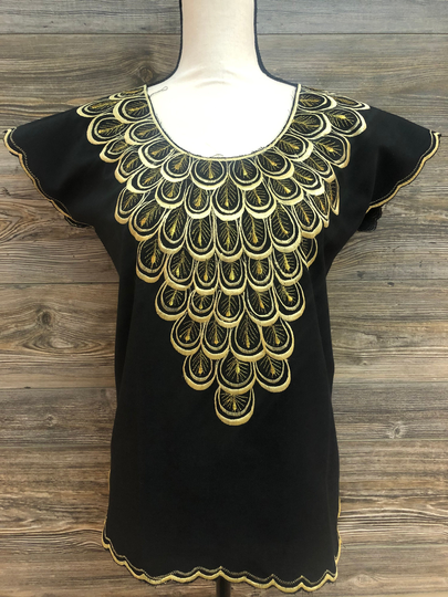 Women Mexican Handcrafted Linen Blouse Shirt Top Embroidered Navy Back Blusa Bordada Hazel Lino Negra 100% Yucateca