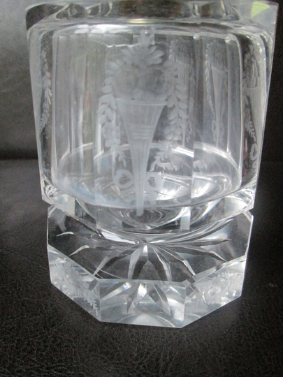 Art Deco Guilloche Enamel Etched Floral Cut Crystal 6" Perfume Bottle