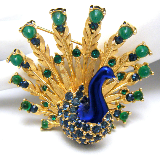 Iconic Vintage Boucher Peacock Bird Brooch Enamel Glass Cabochons Rhinestones Gold Tone