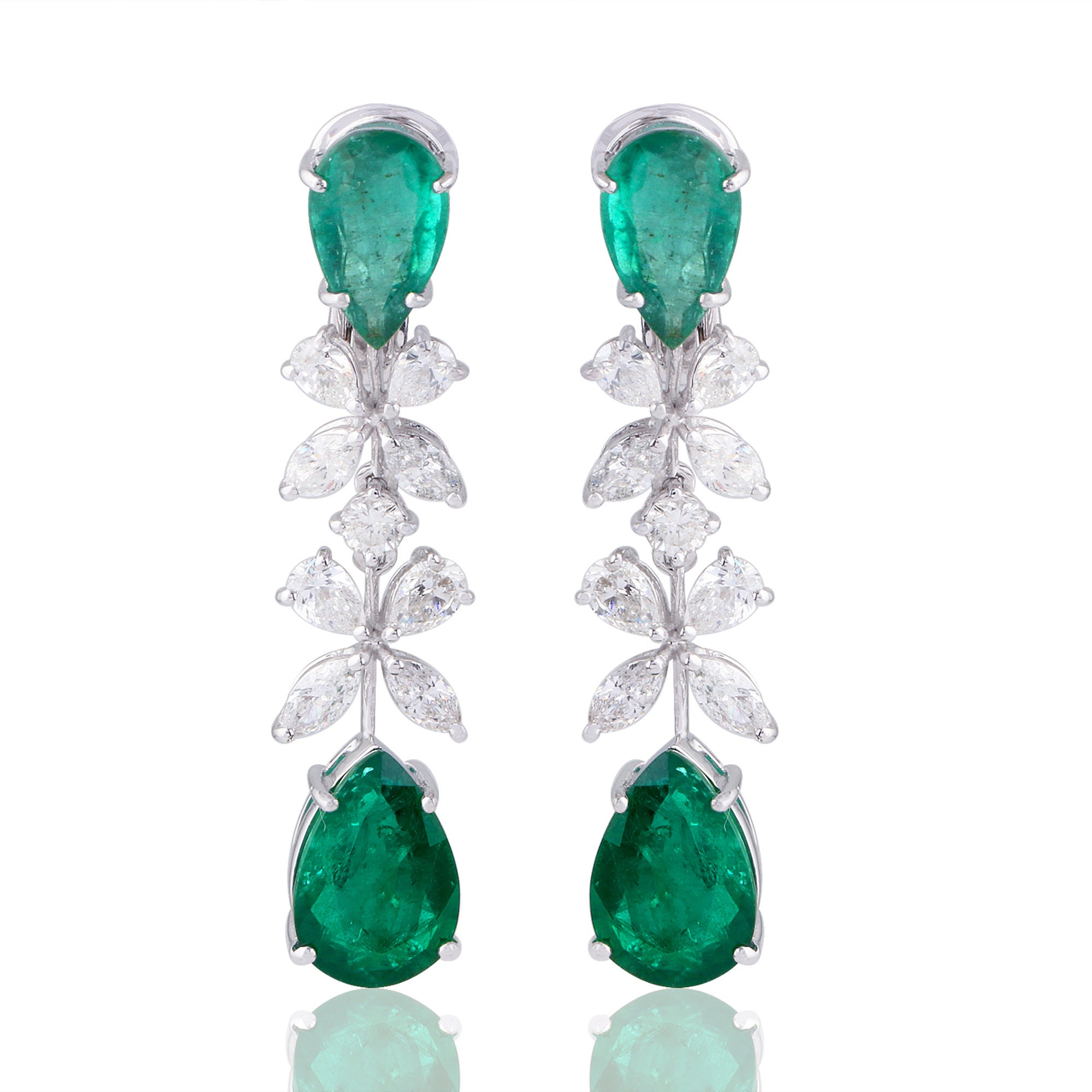 On Sale Natural Emerald Dangle Earrings Pear & Round Diamond 14K White Gold Wedding Jewelry Gifts For Her
