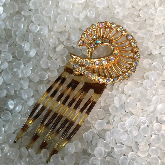 Vintage Hair Comb, Molded Gold Tone Metal Spiral, Encrusted With Rhinestones Tiny