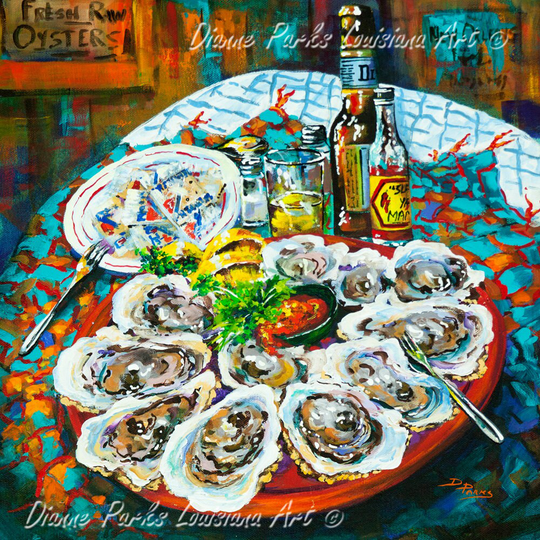 Half Dozen Oysters, New Orleans Seafood, Louisiana Art, Raw Slap Ya Mama Hot Sauce - "Slap Dem Oysters "