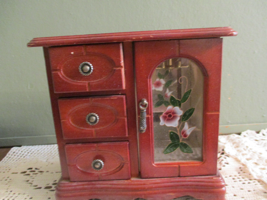 Jewelry Box 3 Drawer Necklace Wheel Rings Vintage Flower