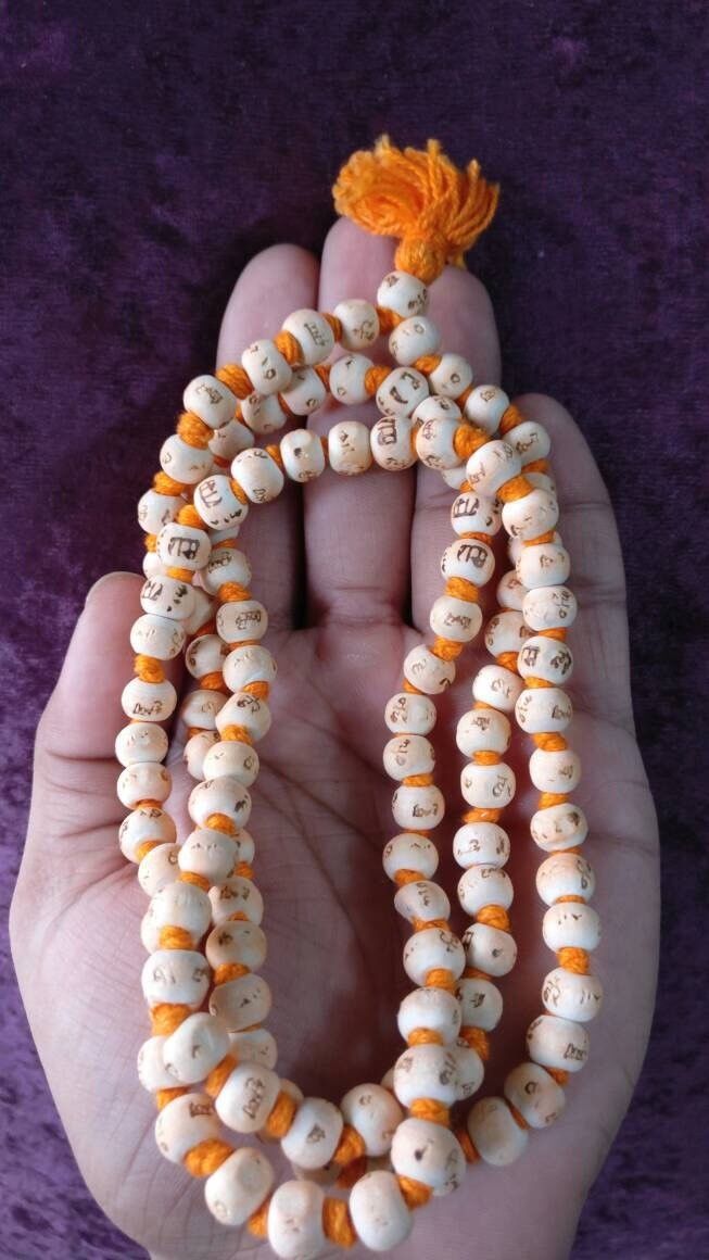 WHITE TULSI (HOLY BASIL) JAPA KNOTED MALA PREMIUM QUALITY ORANGE COTTON THREAD