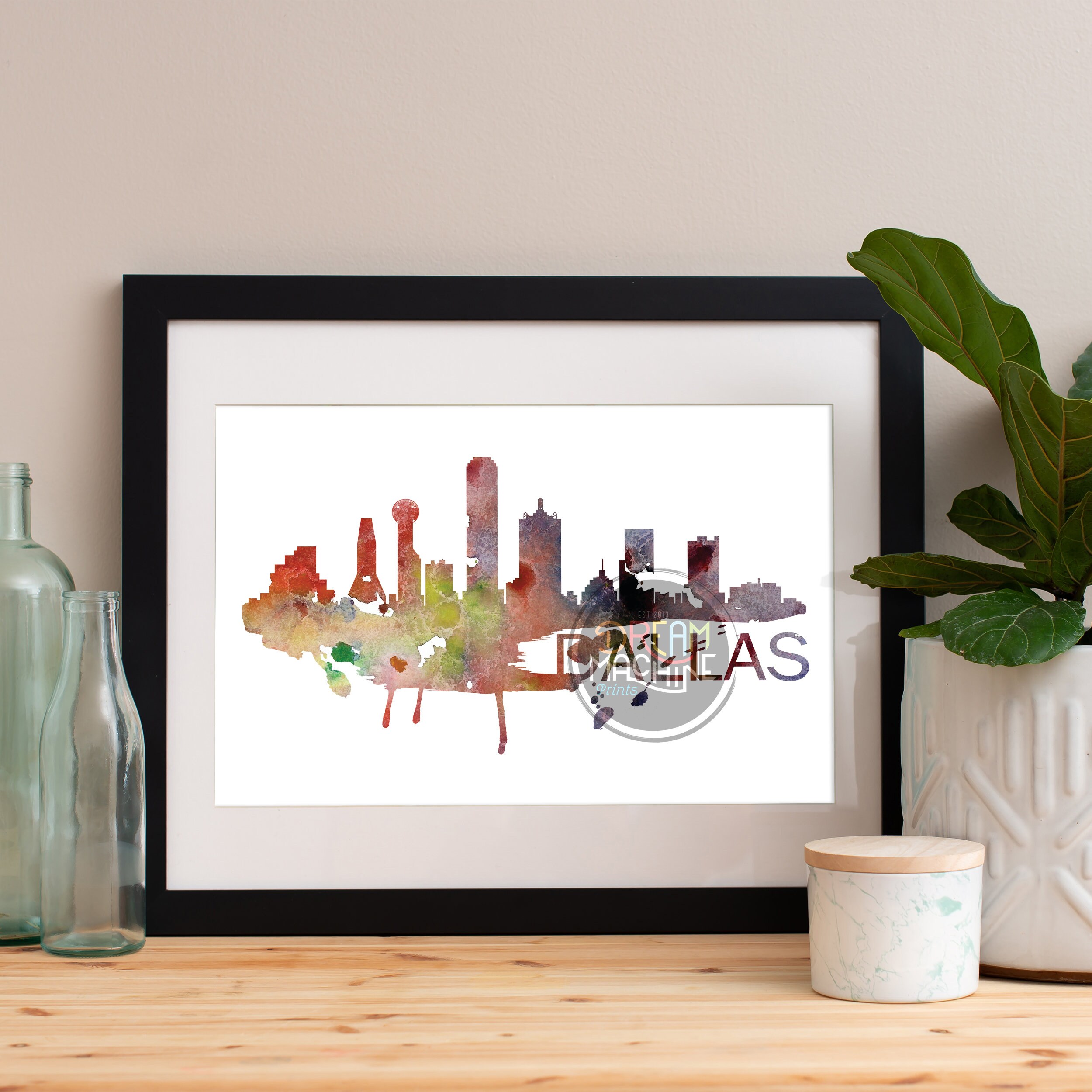 Dallas Watercolor Skyline, Art, Poster, Print, Map, Wall Texas Art