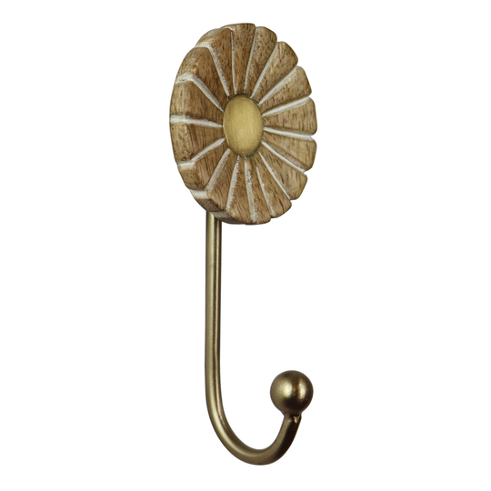 Gold Metal and Carved Wood Daisy Wall Hook: Natural - Small by World Market