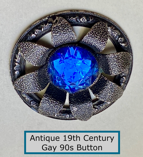Lovely Antique 19Th Century Gay 90S Button Nbs Large Silver-Tone Metal W/Blue Jewel Unique Jelly Mold Facets
