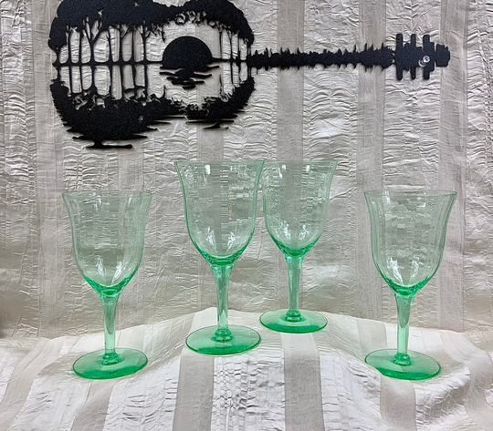 Rare Utility Glass Works Stemmed Water Goblets Green Set Of Four(4, Ugw-02, Narrow Optic Uranium