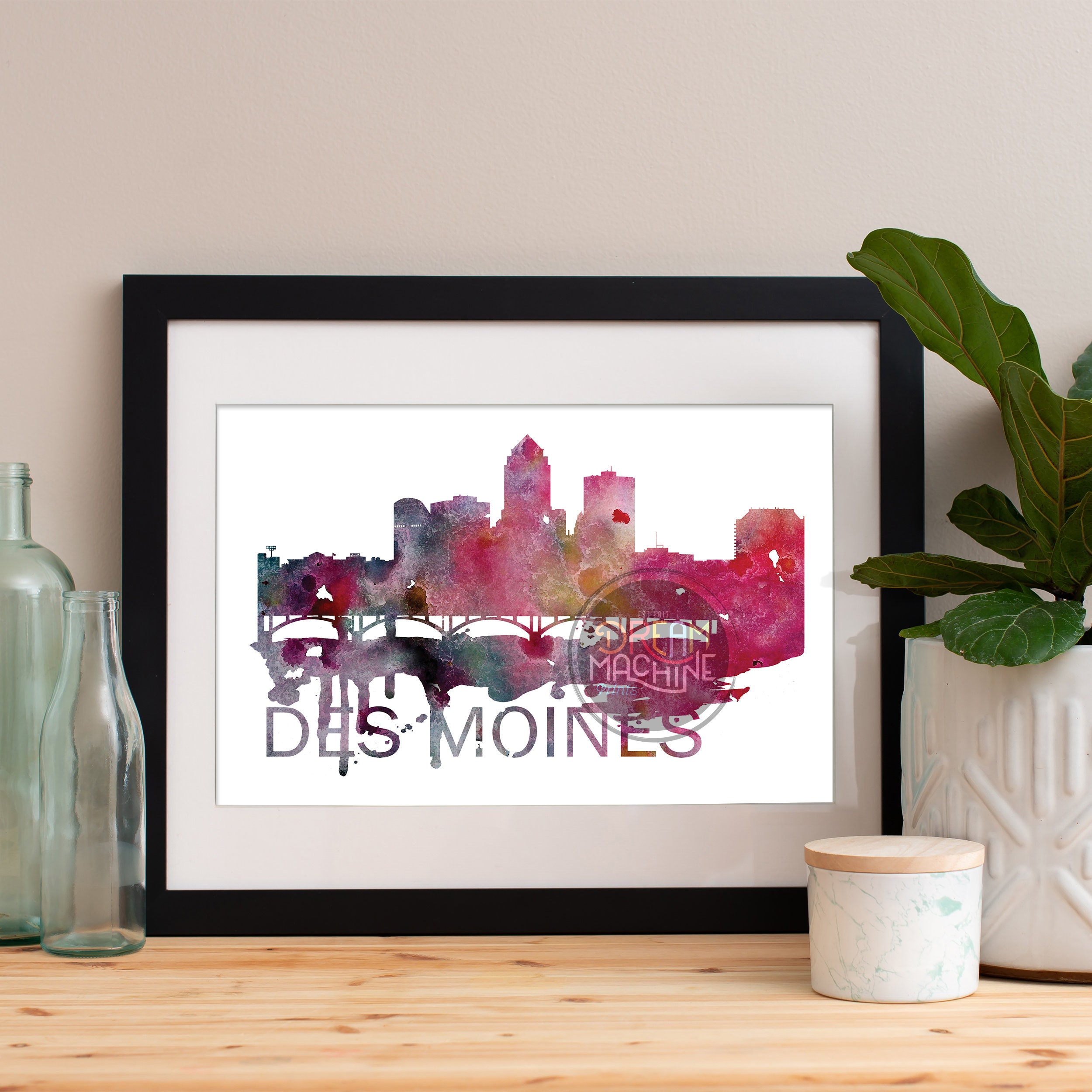 Des Moines Watercolor Skyline, Art, Poster, Print, Map, Iowa