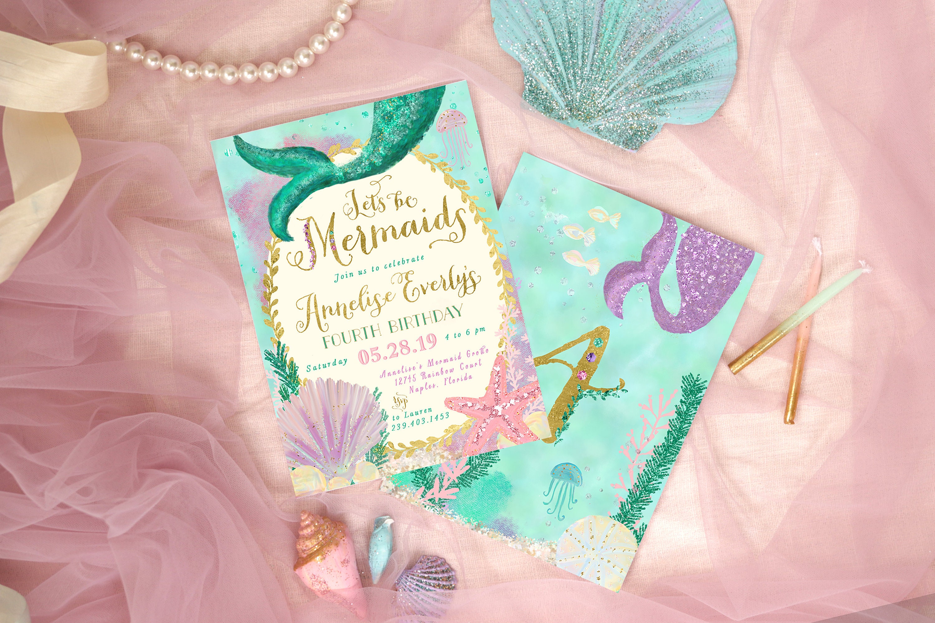 Mermaid Birthday Party Invitation, Under The Sea Birthday, Invite, - Annelise