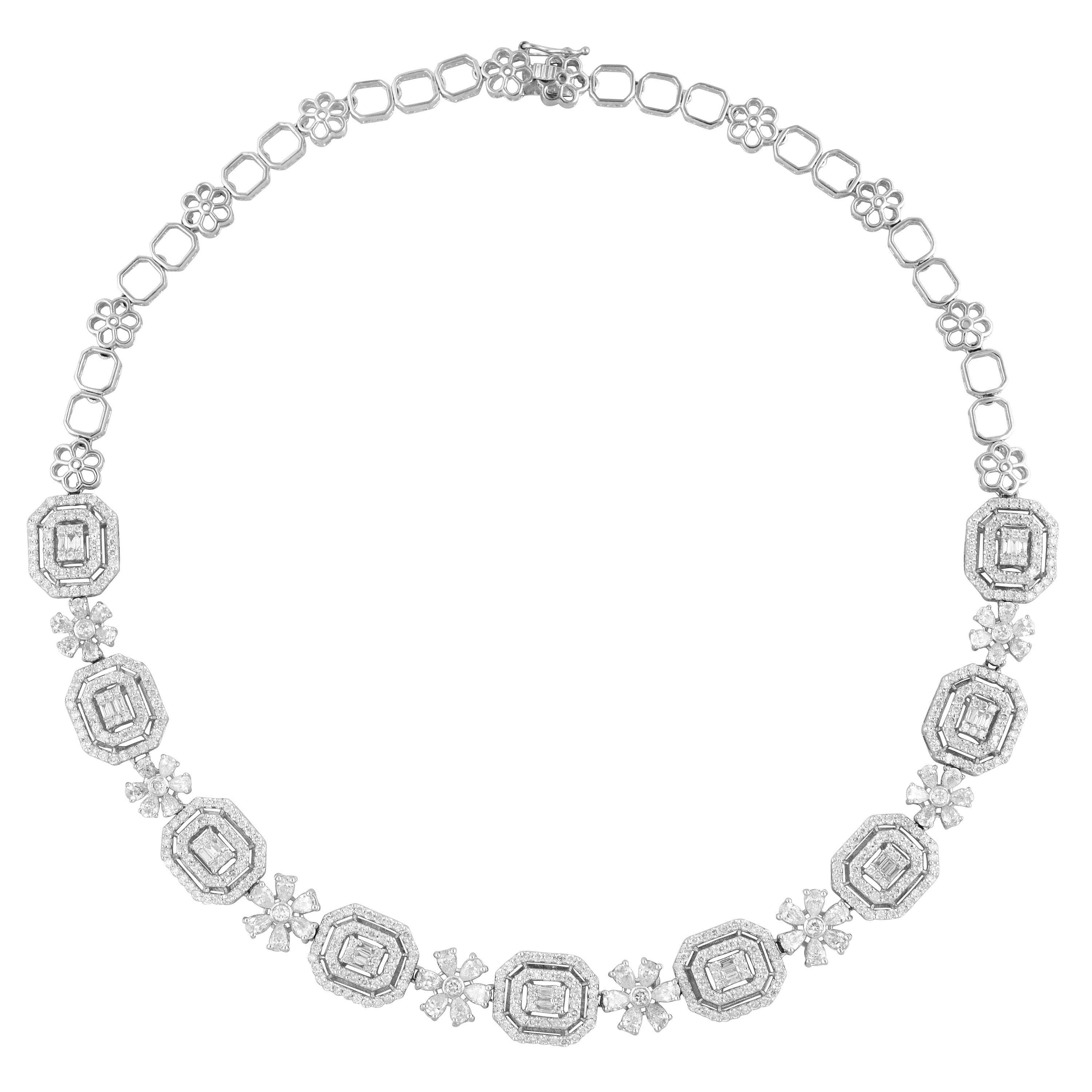 On Sale Natural Si Clarity Hi Color Baguette, Round & Pear Diamond Floral Necklace Solid 14K White Gold Handmade Jewelry Set