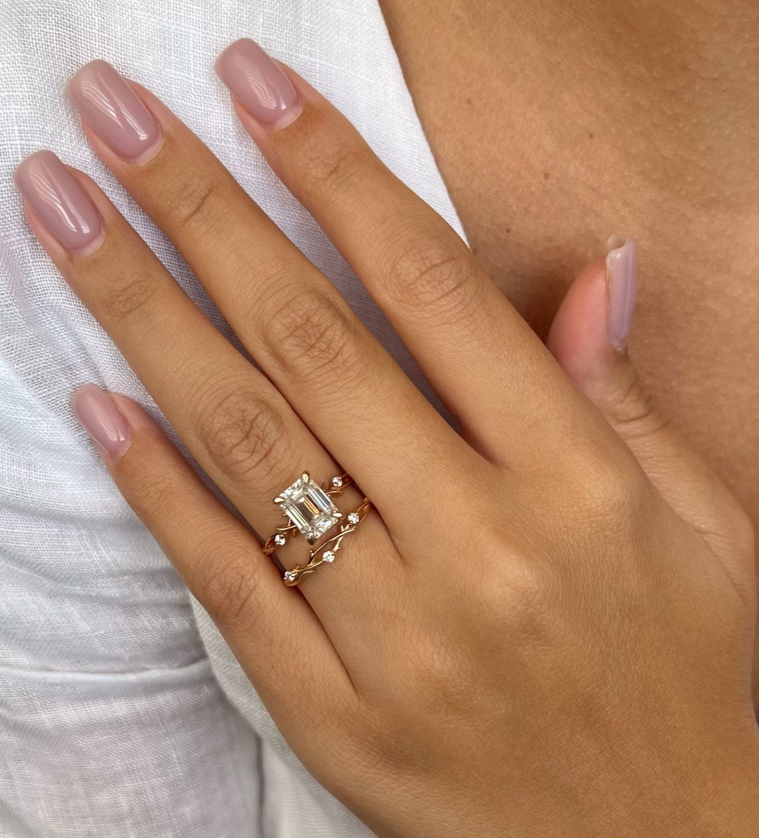 2Ct Emerald Cut Moissanite Twig Engagement Ring Set, Nature 1418K Solid Gold