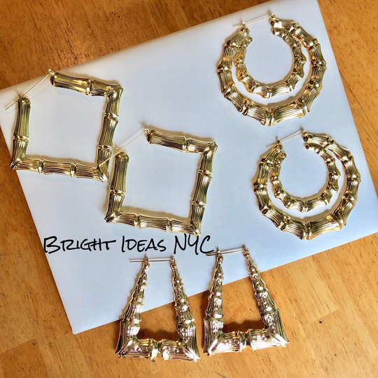 Gold Plated Bamboo Hoop Earrings, Square, Round, Triangle Doorknocker, Trendy, Hip Hop, Urban Statement Earrings