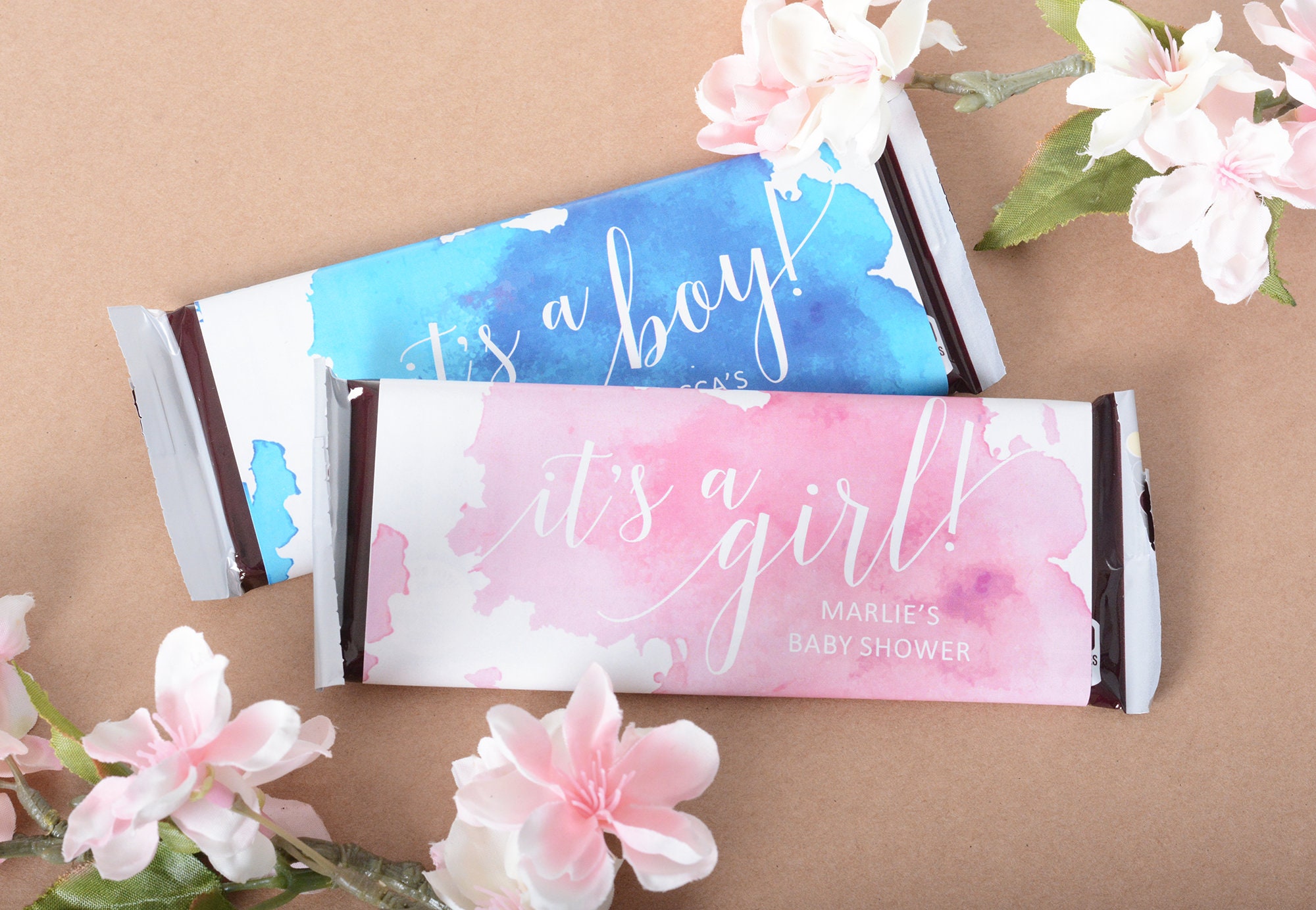 Watercolor Candy Bar Wrappers, 25 Baby Shower Chocolate Wraps, Custom Stickers #bsihb-59
