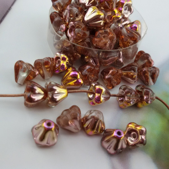 Bell Flower Glass Beads, Gold Finish Czech Beads, Floral Beads, 6mm Beads, Mirror Cup Beads, Fire Polished