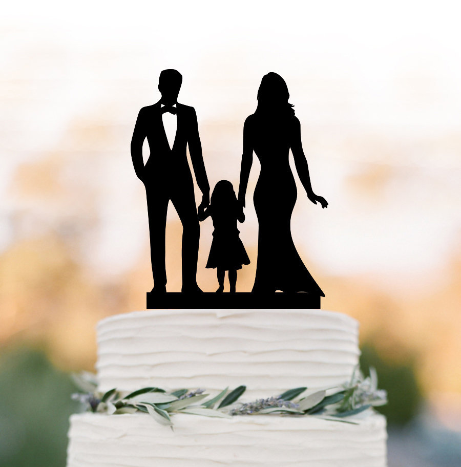 Family Wedding Cake Topper With Toddler Girl, Bride & Groom Doughter Silhouette, Funny Cake Toppers Child