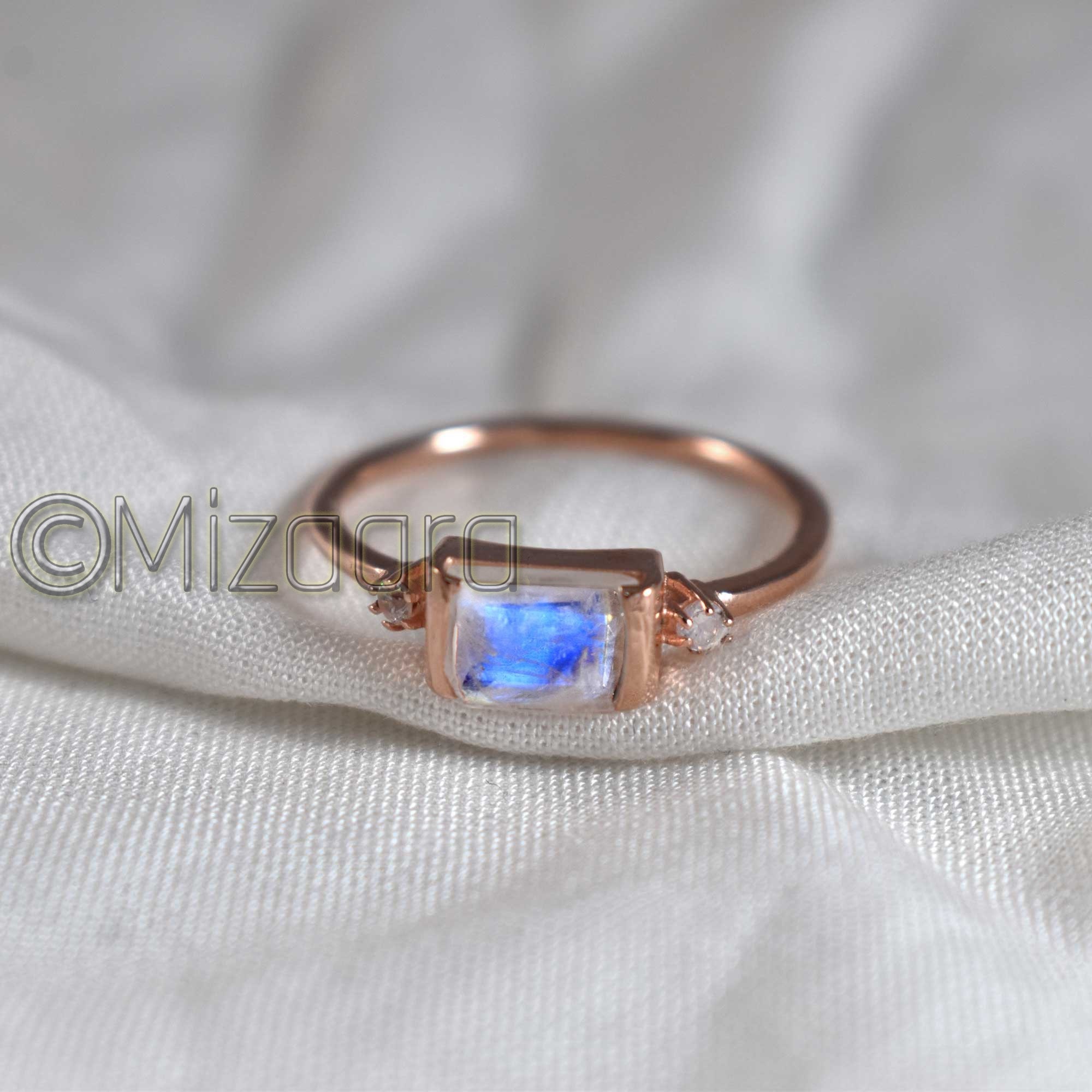 Blue Fire Rainbow Moonstone Sterling Silver Ring Rose Gold June Birthstone Eternity Wedding Gift Women's Elegant
