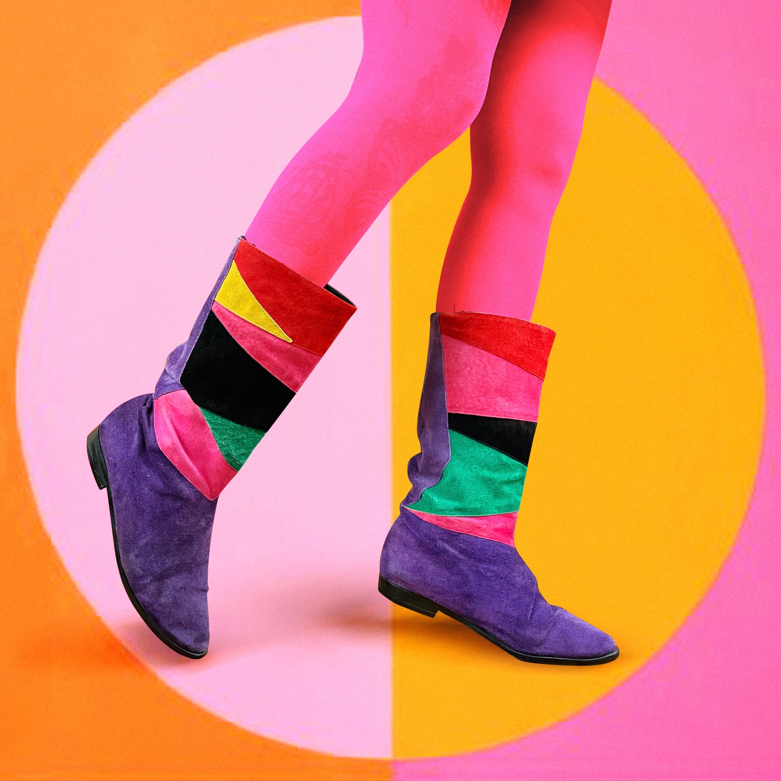 6 Us - 1980S Vintage Patchwork Slouchy Ankle Boots Rainbow Booties Rave Fun Statement 80S Fashion By Doble Vida