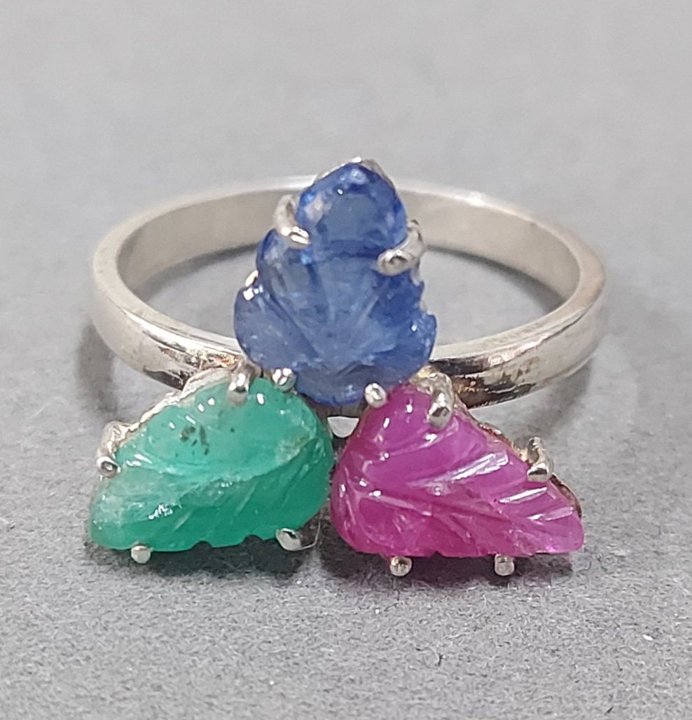 Three Stone Ring, Genuine Carvings, Emerald, Ruby, Sapphire Silver Handmade Rings, Statement Rings For Women
