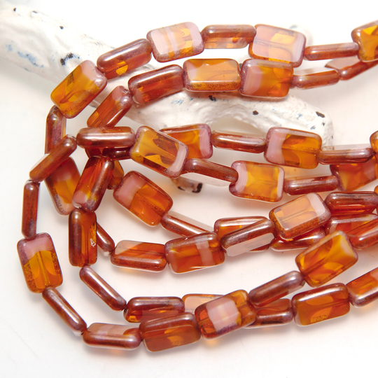 Czech Glass Topaz Amber With Pink Blend Rectangular Window X 8 Beads