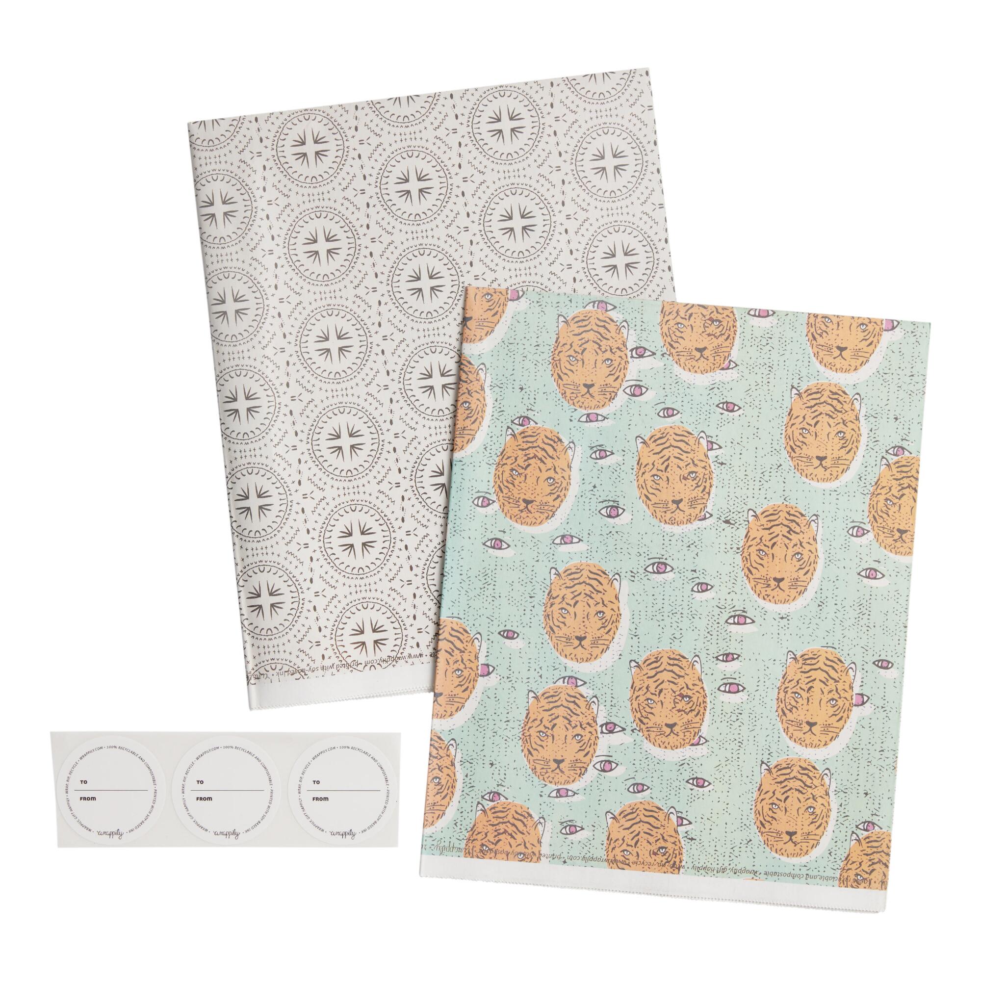 Wrappily Tiger and Medallion Reversible Recycled Gift Wrap: Multi - Paper by World Market