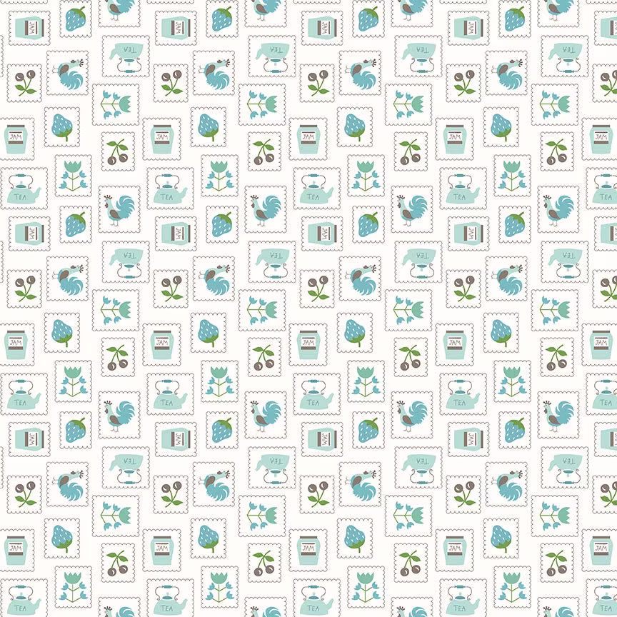 Lori Holt Cook Book Fabric By Riley Blake - White & Blue "stamps" The 1/2 Yard Or Fat Quarter