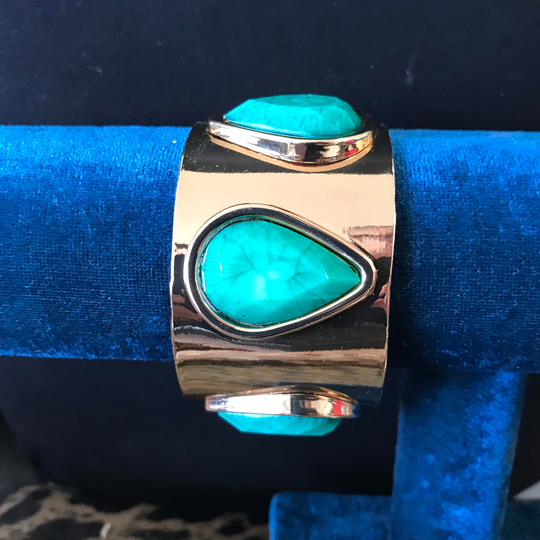 Vintage Aqua Blue Thick Lucite Gold Tone Metal Bangle Bracelet, Jewelry Gift Idea For Her