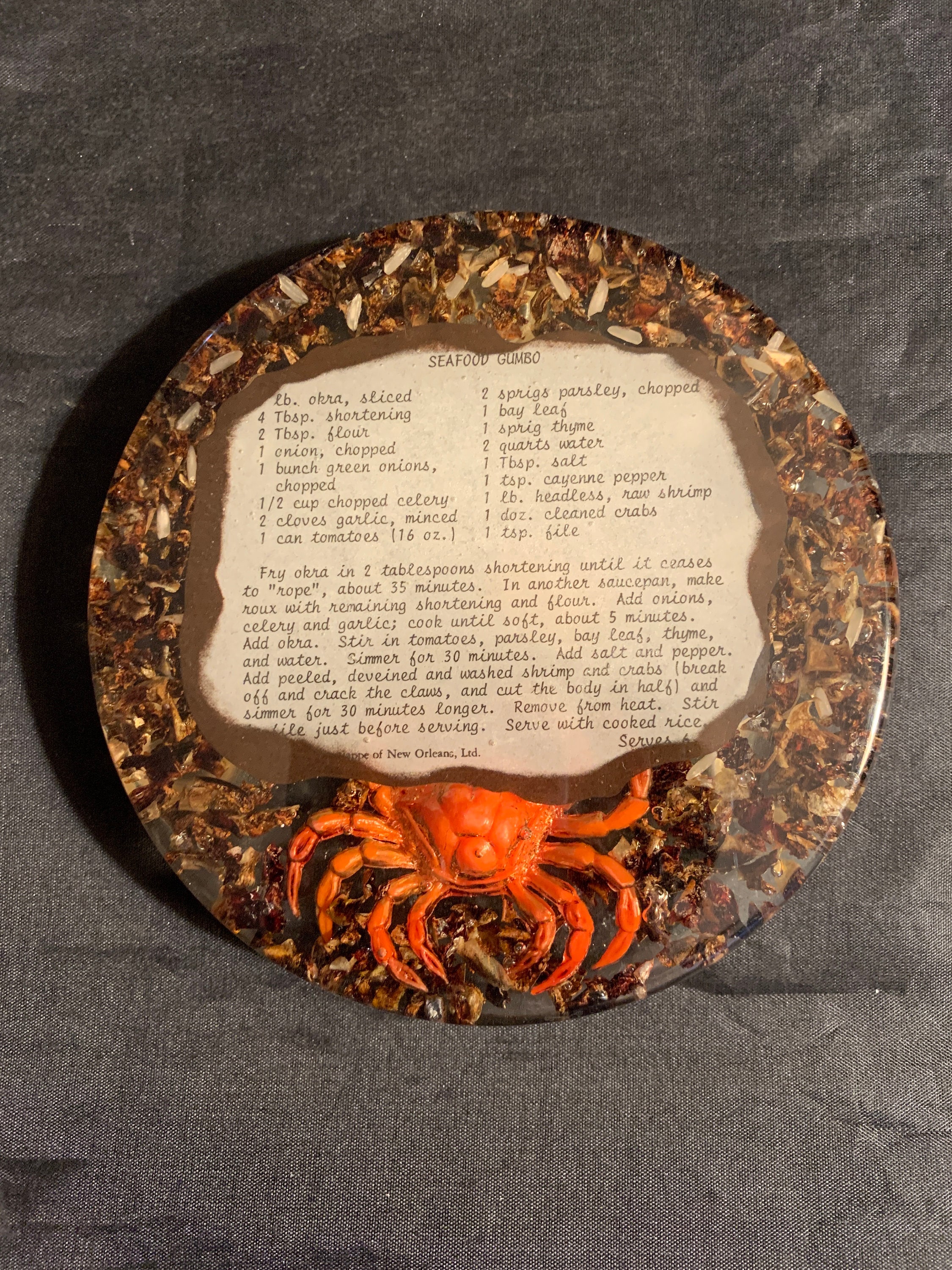 Vintage Acrylic Lucite Trivet Hot Plate Crab Seafood Gumbo Recipe